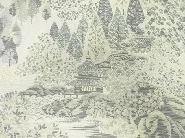 アンティーク　樹木に寺院風景模様織出し名古屋帯